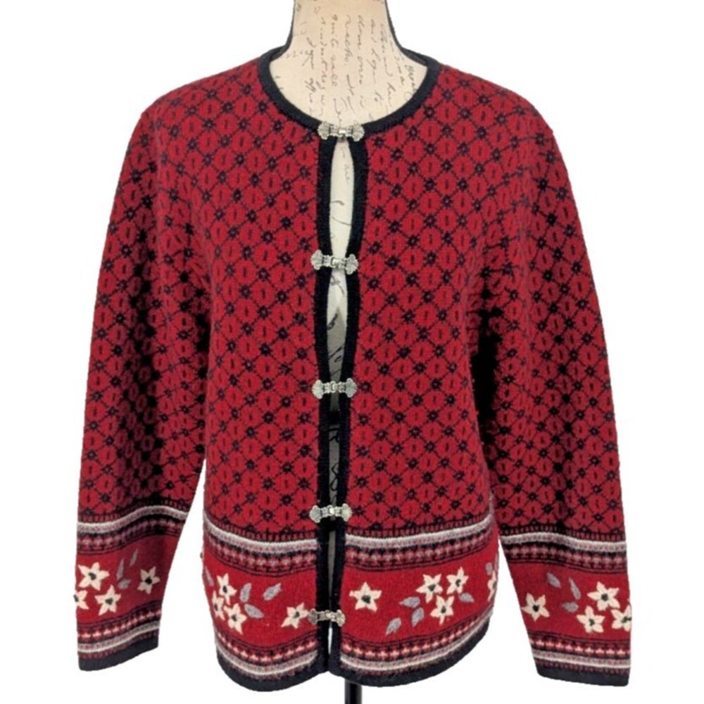 WOOLRICH VTG Cardigan Sweater LARGE 100% Wool Japan Embroidery Silver Clasps